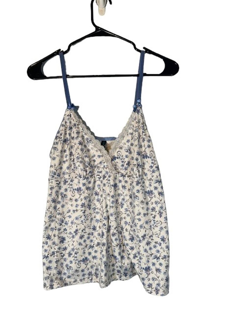 Laura Ashley White Blue Floral Lace Trim V-Neck Sleep Shirt Women Sz XL